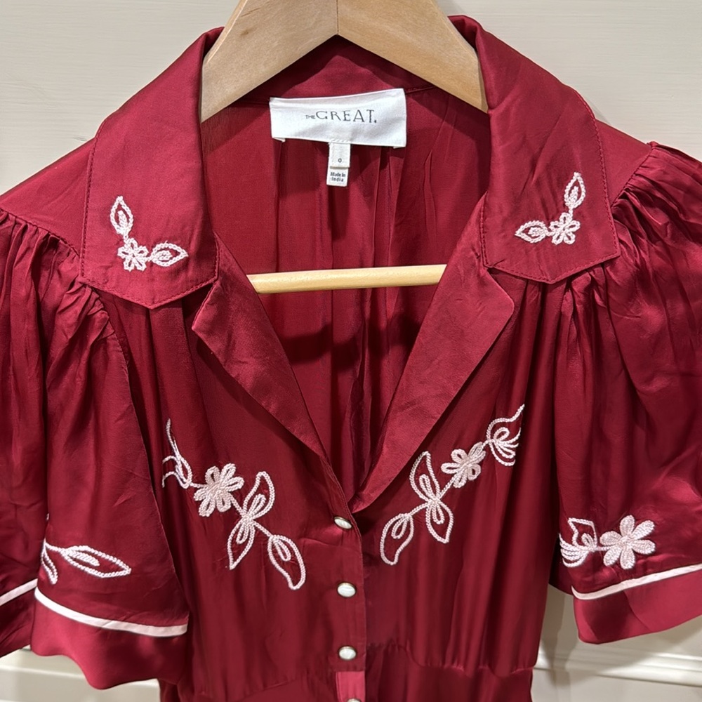 THE GREAT. Red Embroidered Button-Front Maxi Dress - Picture 6 of 8